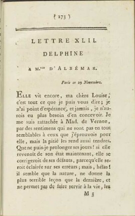 Lettre XLII. Delphine à Mlle. d' Albémar, Paris ce 29 Novembre.