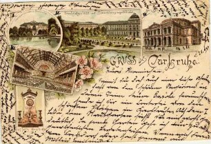 Postkartenalbum. "Gruss aus Karlsruhe". Stadtgartensee und Festhalle, Festhalle Großer Saal, Scheffel-Grabmahl, Friedrichsplatz mit Sammlungsgebäude und Großherzogliches Hoftheater