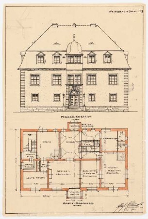 Einfamilienwohnhaus: Grundriss des Hauptgeschosses (1. Obergeschoss) 1:100; Aufriss Vorderseite 1:100