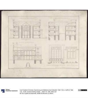 Sammlung architektonischer Entwürfe. Tafel 129 ( = Heft 23, Tafel 141, 1835): Kurnik (Kórnik), Regierungsbezirk Posen (Województwo Wielkopolskie). Schloss. Schnitte und Details