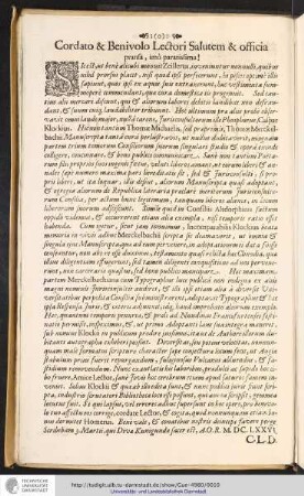 Cordato & Benivolo Lectori Salutem & officia pransa, imo paratissima!