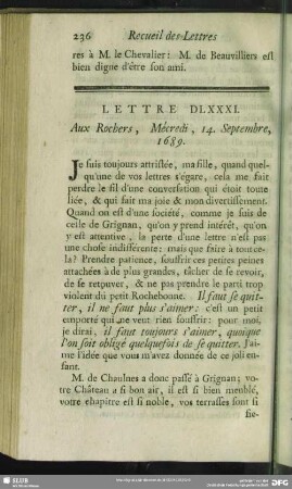 Lettre DLXXXI. Aux Rochers, Mécredi, 14. Septembre, 1689