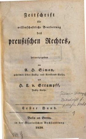 Zeitschrift für wissenschaftliche Bearbeitung des preußischen Rechtes, 1. 1830