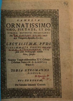 Gamelia Ornatissimo Viro ... M. Caspari Kelheimero Torgensi, Sponso, &. Et: ... Blandinae Hannemanniae ... Sponsae ...