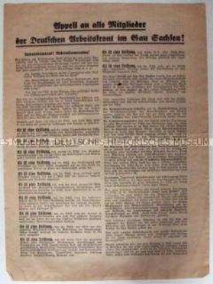 Flugblatt mit einem Appell zu den Aufgaben und Zielen der Deutschen Arbeitsfront