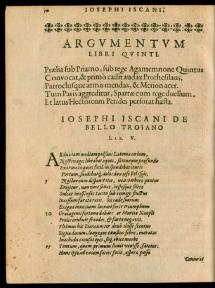 Argumentum Libri Quinti. ... Josephi Iscani De Bello Troiano Lib. V.