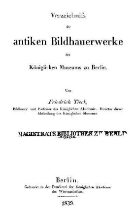 Verzeichniss der antiken Bildhauerwerke des Königlichen Museums zu Berlin