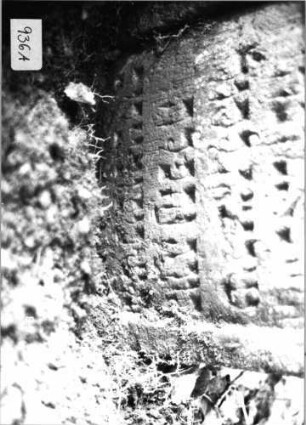 Grabstein 936 (Index: 99753175) Material: Sandstein Zustand: verwitt/Stele eingesunken Maße HxBxT: 68x45x19 cm Beschreibung: Stele, geschwungen eingezogener Rundbogenabschluß: Grabstein 936A