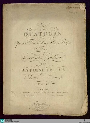 Six quatuors pour flute, violon, alto et basse : 2 Livre. Oeuvre 98