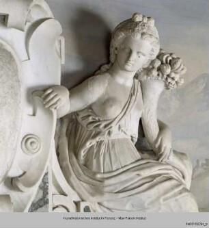 Die Kamindekoration der Sala delle Vedute : Das Wappen der Familie Pio di Savoia, von zwei Mädchen mit Füllhörnern gehalten