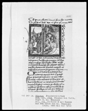 Stephan von Paris, Auslegung der Regel des heiligen Benedikt — Initiale S (edius), darin Benedikt erweckt das getötete Mönchlein durch Gebet zum Leben, Folio 109recto