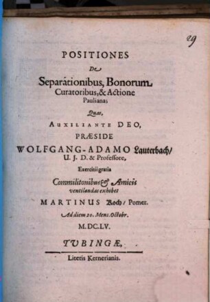 Positiones De Separationibus, Bonorum Curatoribus, & Actione Pauliana