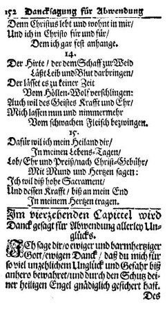 Im vierzehenden Capittel wird Danck gesagt für Abwendung allerley Unglücks.