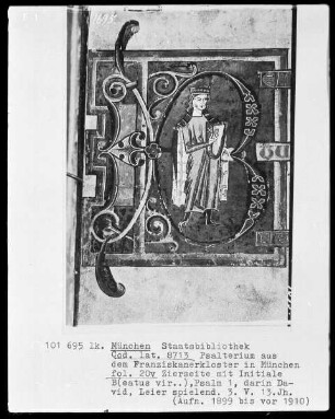 Psalterium aus einem Benediktinerkloster — Initiale B (eatus vir), darin David die Leier spielend, Folio 20verso