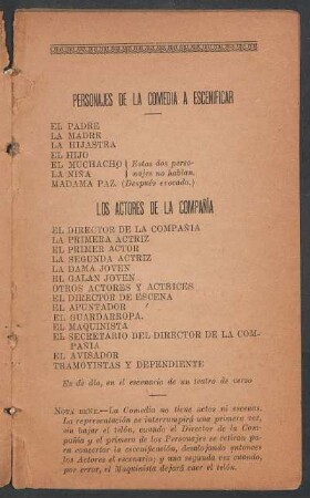 Personajes de la comedia a escenificar [y] Los actores de la compañía