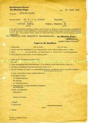 Fragebogen zur Entnazifizierung (adressiert, aber nicht ausgefüllt)