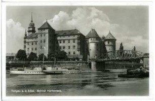 Torgau. Schloss Hartenfels - Elbbrücke mit Dampfer Hermes