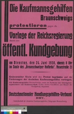 Plakat zu einer Protestkundgebung des Deutschnationalen Handlungsgehilfen-Verbandes (DHV) am 24. Juni 1930 in Braunschweig