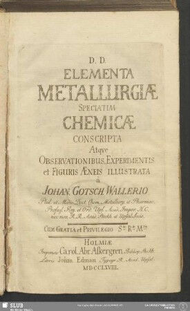 Elementa Metallurgiae Speciatim Chemicae