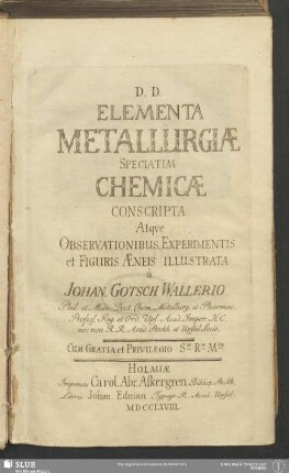 Elementa Metallurgiae Speciatim Chemicae