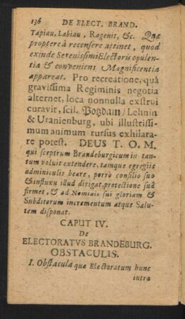 Caput IV. De Electoratus Brandenburg. Obstaculis.