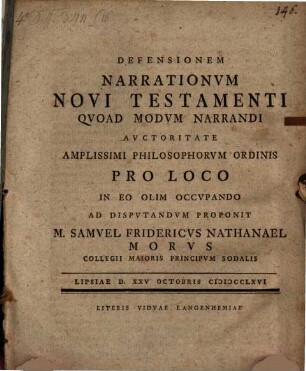 Defensionem Narrationvm Novi Testamenti Qvoad Modvm Narrandi
