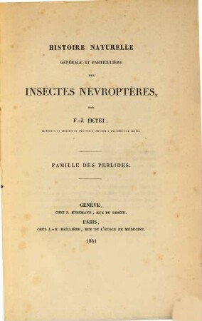 Histoire Naturelle Générale et Particulière des Insectes Néuroptères, Livraison. 1