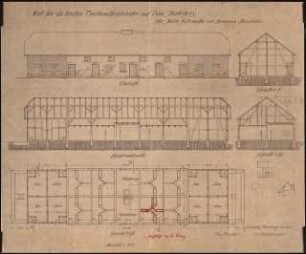 Stallgebäude, Dominium Birkholz/Friedeberg: Aufrisse Ansicht, Längenschnitt, Schnitt a-b, Schnitt c-d, Grundriss, 1:100