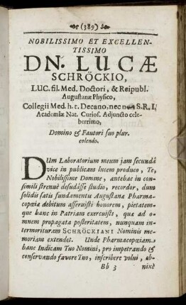 Nobilissimo Et Excellentissimo Dn. Lucæ Schröckio [...]