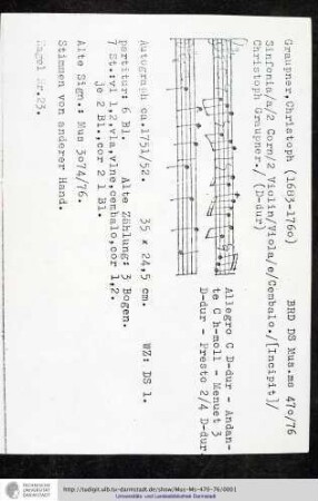 Sinfonia / a / 2 Corn / 2 Violin / Viola / e / Cembalo. / [Incipit] / Christoph Graupner.