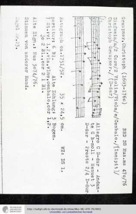 Sinfonia / a / 2 Corn / 2 Violin / Viola / e / Cembalo. / [Incipit] / Christoph Graupner.