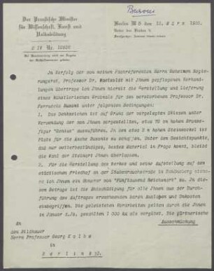 Briefe von Wilhelm Waetzoldt [Der Minister für Wissenschaft, Kunst und Volksbildung] an Georg Kolbe