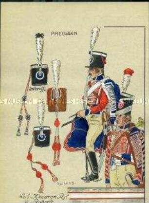 Uniformdarstellung, Detailstudie, Husarenmützen, Husar und Trompeter des Leib-Husaren-Regiments von Rudorff, Preußen, 1806. Tafel II 3 aus Manuskript "Uniformenkunde, Neue Folge, 3" von Herbert Knötel.