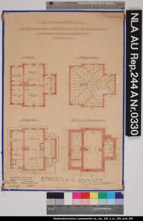 Grundrisse vom Maschinisten-Wohnhaus des Maschinengebäudes für die Kanalisation und Wasserleitung der Insel NORDERNEY Kolorierte Zeichnung von Börner Papier Format 31,2x46,2 M 1:100
