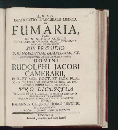 Dissertatio Inauguralis Medica De Fumaria