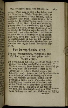 Der dreyzehende Satz. Von der Gemeinschaft, Geniesung oder Theilhaftigwerdung des Leibes und Bluts Christi.