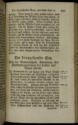 Der dreyzehende Satz. Von der Gemeinschaft, Geniesung oder Theilhaftigwerdung des Leibes und Bluts Christi.