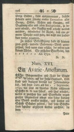 Num. XVI. Ein Avarie-Attestatum