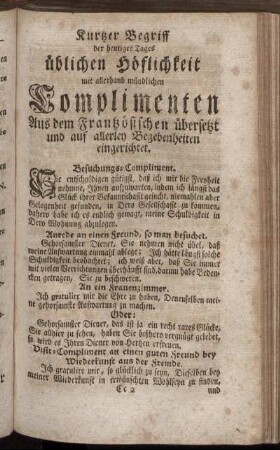 Kurzter Begriff der heutiges Tages üblichen Höflichkeit mit allerhand mündlichen Complimenten [...]