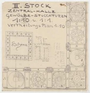 Thiersch, Friedrich von; München; Justizpalast - Gewölbe in der Zentralhalle im 3. OG (Verteilungsplan, Teilansicht)