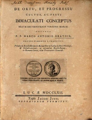 De ortu et progressu cultus ac festi immaculati conceptus ... Virginis Mariae
