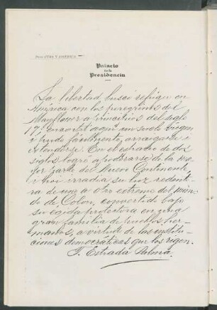 [Autógrafo dedicado a Cuba y América por Tomás Estrada Palma.]