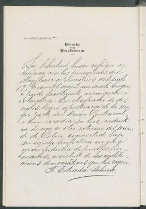 [Autógrafo dedicado a Cuba y América por Tomás Estrada Palma.]
