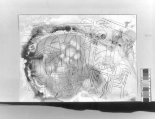 Konstruktives Ensemble aus Säulengang, Weintrauben und Vogel : Konstruktives Ensemble aus Säulengang, Weintrauben und Vogel. Teilpause, Blei- und Buntstiftzeichnung, Kugelschreiber; 39,3 x 53,2 cm. 1984