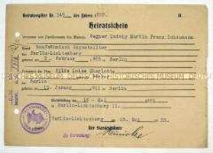 Heiratsurkunde von Werner Schaumann und Hilde Bäcker - Personenkonvolut