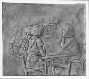 Beim Unterricht. Wohl Gips, getönt (wohl vor 1945; E. Richter). Dresden-Südvorstadt, Eisenstuckstraße, Atelier der Bildhauerin