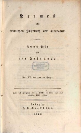 Hermes oder kritisches Jahrbuch der Literatur. 1822,3