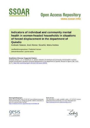 Indicators of individual and community mental health in women-headed households in situations of forced displacement in the department of Quindío