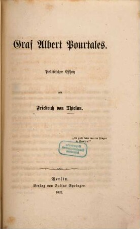 Graf Albert Pourtalès : Polit. Essay