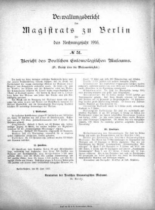 No. 51. Bericht des Deutschen Entomologischen Museums (IV Bericht über die Museumstätigkeit)